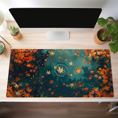 Maple Leaves Desk Mat Gaming Mouse Pad Large, Extended Desk Pad Full Desk Cover Mat, Fall Leaves Laptop Keyboard Pad, Computer Desktop Mat XXL, Aesthetic Fall Desk Accessories 31.5x15.7 Inch - color: Fall Leaf
