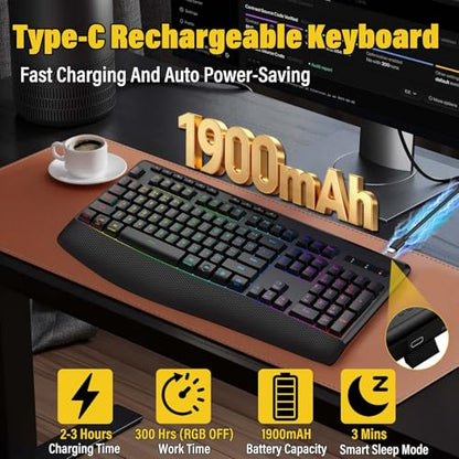 E-YOOSO Wireless Bluethooth Silent Backlit Gaming Keyboard,Tri-Mode BT5.0/2.4GHz/Wired,8 RGB Light up,Ergonomic,USB C Rechargeable,for Typing/Office/Home/PC Computer/Mac/Laptop/IPad/Xbox/PS5