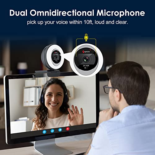 Angetube 2K Webcam for PC/Laptop/Mac, 1080P Computer Camera with RingLight | Remote, Low-Light Correction, 2 Mics and Privacy Cover, Auto Focus Digital Zoom, HDR Web Camera for Zoom/Skype/Teams
