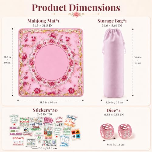 Pink Mahjong Mat for Table & 50PCS Stickers| Carrying Bag, Heavy Floral Mahjong Mats & 2 Dices, Noise Reduction Non Slip Foldable, 31.5x31.5 Game Table Cover, for Playing Card, Board Tile Games - color: Pink