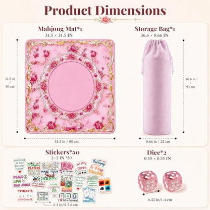 Pink Mahjong Mat for Table & 50PCS Stickers| Carrying Bag, Heavy Floral Mahjong Mats & 2 Dices, Noise Reduction Non Slip Foldable, 31.5x31.5 Game Table Cover, for Playing Card, Board Tile Games - color: Pink