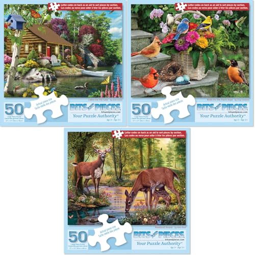 Bits and Pieces 3 Jigsaw Puzzle Set - 50 Piece Puzzles for Adults - Nature Scenes Set - 15" x 19" Jigsaw Puzzles - Birds Log Cabin Deer - Random Die Cut Pieces No 2 are Alike - size: Three 50 Piece Puzzles