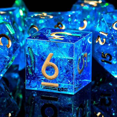 AUSTOR 7-Die DND Dice Set Handmade Sharp Edge Polyhedral Dice for Dungeons and Dragons D&D RPG MTG Table Games（Blue & Gold） - color: Blue & Gold