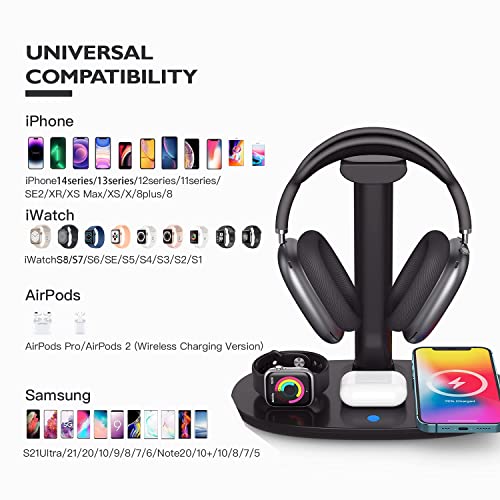 Headphone Stand with 15w Wireless Charger, Suguder 4 in 1 Charging Station Headset Holder for AirPods Max/Pro/4/3/2 iWatch 10/9/8/7/6/5/4/3/2/1/SE iPhone 17/16/15/14/13/12/11/X for Desktop Table Game - color: Black