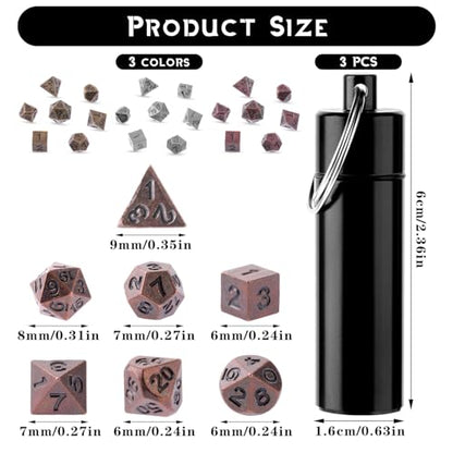 Grevosea 21 Pcs Mini Metal DND Dice Set, Antique Copper Tiny Polyhedral Dice with EDC Keychain Case, Portable Role Playing Game Accessories Gift for D&D Player TTRPG Dungeon Master