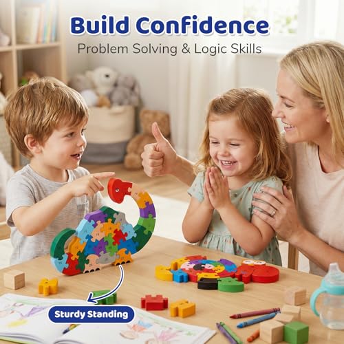 LovesTown Wooden Puzzles, Snail & Dinosaur, Double-Sideld | Alphabet & Number Learning, Montessori Toy, for Kids, Shape Recognition, Fine Motor Skills, Screenless Play
