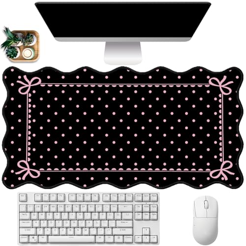 Black Pink Scalloped Desk Mat Polka Dot Mouse Pad Cottagecore Aesthetic Desk Pad Mat Dots Large Gaming Mousepad Bow Computer Keyboard Mouse Mat Cute Cozy Kawaii Desk Decor Women Office 31.5"x15.7" - color: Black Pink Dots