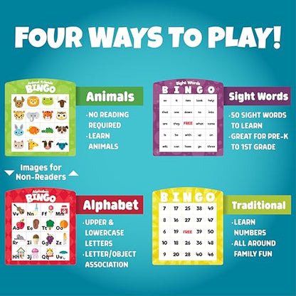 Chuckle & Roar Family Bingo Game, Bingo Game for Kids, Sight Words, Ages 4+ | 4 Ways to Play, Animal Mode No Reading Required, Reading Games, Uppercase & Lowercase Match, Cleanup Bags