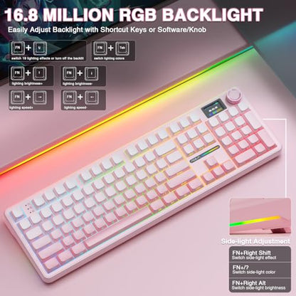 AULA F108 PRO - Wireless Mechanical Keyboard with Screen & Knob,Full Size Keyboard with 8000mAh Battery,Pre-lubed Switches,Side Printed PBT Keycaps,RGB Backlit Hot Swappable Custom Pink Keyboards - color: Pink