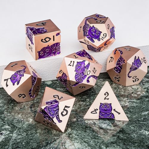 Metal DND Cat Dice 7PCS Polyhedral RPG Dice Set with Gift Case for Dungeons Dragons Role Playing Game, D and D Dice D6 D8 D10 D12 D20 D% (Copper Purple) - color: Cat-copper Purple