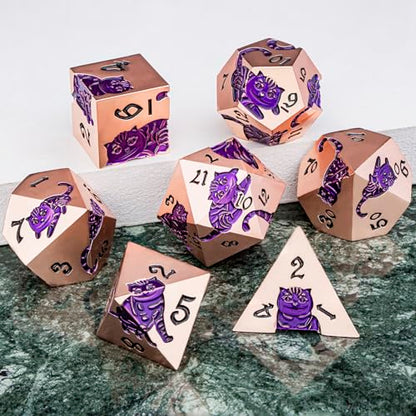 Metal DND Cat Dice 7PCS Polyhedral RPG Dice Set with Gift Case for Dungeons Dragons Role Playing Game, D and D Dice D6 D8 D10 D12 D20 D% (Copper Purple) - color: Cat-copper Purple