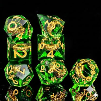 Ring DND Dice Set Sharp Edge Resin Dice,Golden Ring Inclusion Suitable for Lord of the Ring D&D Dice RPG Role Playing Games Suitable for Dungeons and Dragons Polyhedral Dice Set（Green） - color: Green