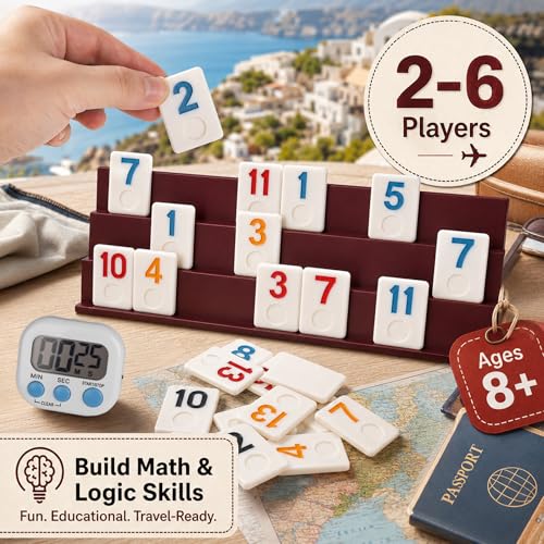 Smilejoy Rummy Cube 6 Players Edition, Full Size Travel Rummy Game Set with Travel Portable Canvas Bag,Classic Board Game for Adults and Kids |160 Tiles | 6 Playing Racks |1 Timing | (2-6 Player) - style: Large (2-6 player)