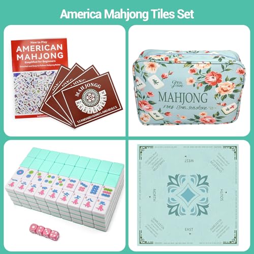 American Mahjong Tile Set, 166 Tiles (1.2”), Cute Mini Tiles-Sky-Blue Glaze | Mahjong Tile Set with Carrying Bag, Dice, Mat, Portable Travel Complete Game Set for Home Outdoor Enthusiast Gift - color: Sky-blue Glaze
