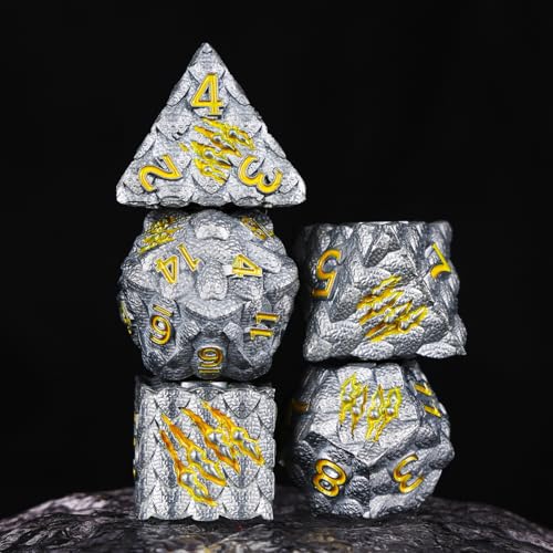 Dragon Scales Metal Dice Set with Intricate Dragon Claw Engravings - Gift Metal Box for D&D, MTG, RPG Tabletop Games（Gray） - color: Grey Dragon Scale (Dragon Claw)