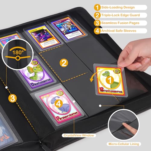 WITHYU Top Loader Binder 9 Pocket, Holds 288 Toploaders for 3" x 4" Trading Cards, PU Leather Ringless Zipper Album with Double-Sided Pages, Yellow - color: Yellow, size: 9 Pocket