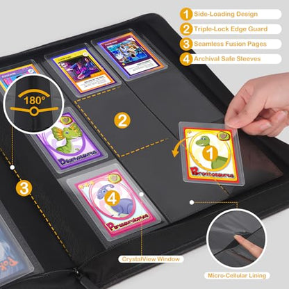 WITHYU Top Loader Binder 9 Pocket, Holds 288 Toploaders for 3" x 4" Trading Cards, PU Leather Ringless Zipper Album with Double-Sided Pages, Yellow - color: Yellow, size: 9 Pocket