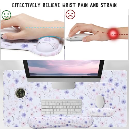 MEGREZ 4-in-1 Mouse Pad with Wrist Rest Ergonomic Memory Foam Desk Mat Set | ergonomic, anti-slip base, 4pcs set, desk pad, mouse wrist rest, keyboard rest, coaster, ideal for office & gaming - color: White Flower