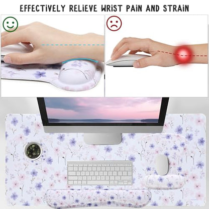 MEGREZ 4-in-1 Mouse Pad with Wrist Rest Ergonomic Memory Foam Desk Mat Set | ergonomic, anti-slip base, 4pcs set, desk pad, mouse wrist rest, keyboard rest, coaster, ideal for office & gaming - color: White Flower