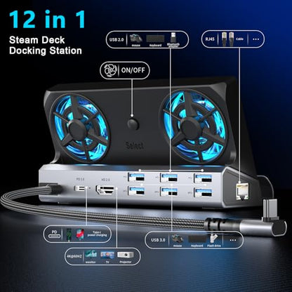 YCE 12-in-1 for ROG Ally X/Ally/Steam Deck Dock/Legion Go, RGB Cooling Fan | 4K@60Hz, Gigabit Ethernet, 100W PD, 3x USB 3.0 – for Steam Deck OLED, Switch 2, Go S, MSI Claw - color: 12-in-1 Dual Cooling Fan