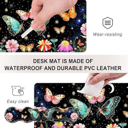 Mouse Pad,Large Desk Mat Set, 4in1 XL Mousepad + Keyboard Wrist Rest+Mouse Wrist Rest+Coaster with Ergonomic Desk Pad for Home Office Table Computer Cover -Butterfly Moon Flower - color: Butterfly Moon Flower