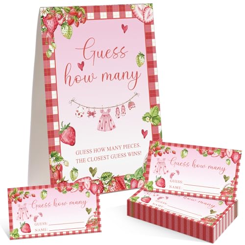 Strawberry Sweet Guess How Many Baby Shower Game Pack of 1 Tabletop Sign with Stand and 50 How Many Cards, Berry Sweet Gender Reveal Party Game Decorations - style: Strawberry