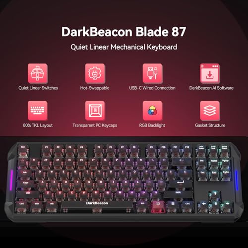 DarkBeacon Blade87 TKL Mechanical Keyboard with Silent Switches, Quiet Typing 87 Keys, Hot Swappable, Gasket Structure, 8000Hz, N-Key Rollover, RGB Backlit, USB Wired Gaming Keyboards for Win/Mac - color: 87-Key Black