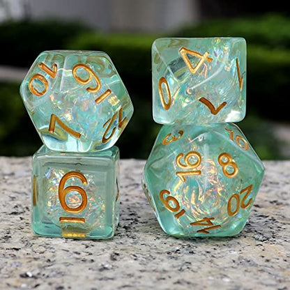 Haxtec Light Green DND Dice Set, 7-Piece Resin Polyhedral RPG Dice | Iridescent Standard Dice with Velvet Bag, Sparkly Fairy, Rounded Edge, Compatible with Dungeons and Dragons, MTG Gifts - color: Light Blue Green