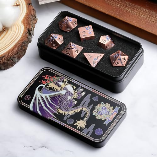 DNDND Metal Dice, 7 PCS Heavy Solid Metallic Flower DND Dice Set with Gorgeous Gift Case for D&D Dungeons and Dragon Tabletop Game (Ancient Copper) - color: Flower Copper