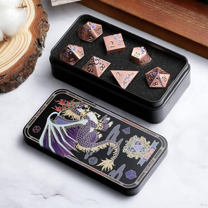 DNDND Metal Dice, 7 PCS Heavy Solid Metallic Flower DND Dice Set with Gorgeous Gift Case for D&D Dungeons and Dragon Tabletop Game (Ancient Copper) - color: Flower Copper