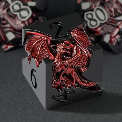 Roycevon Relief Dragon DND Dice Set for Role Playing Game, 7Pcs Metal D&D Dice Set Dungeons Dragons with Gift Box, Polyhedral D and D Dice D20 D12 D10 D8 D6 D4, Red and Black - color: Red
