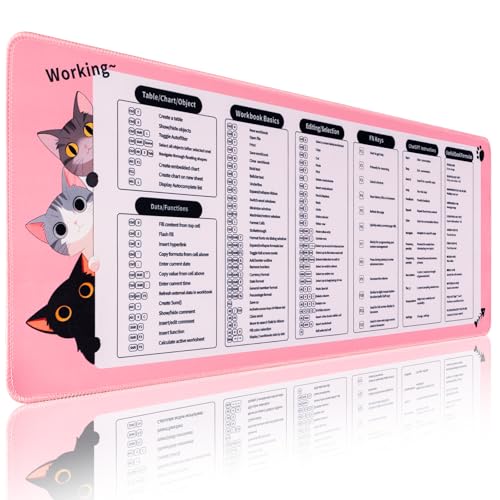 Excel Cheat Sheet Desk Pad, Pink Cat Mouse Pad, 31.5" x 11.8" | Cute Cat Design, Non-Slip Mouse Pad, Large Shortcuts Mouse Pad, XL Gaming Keyboard Mat, Office Desk Accessories for Women - color: Excel Shortcuts - Pink