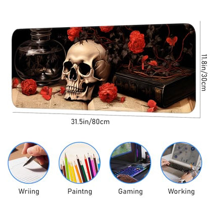 Mouse Pad, Premium Textured Waterproof Gaming Mouse Pad with Non-Slip Rubber Base, Large 31.5 x 11.8 Inch Desk Pad for Laptop, Office and Home (Floral) - color: Flower Skull