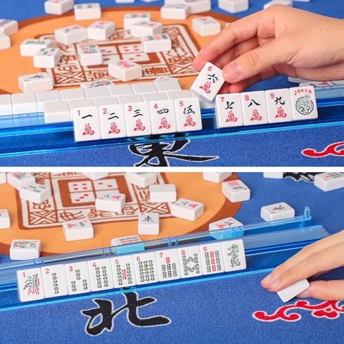 American Mahjong Game Set, 166 White Tiles, 4 All-in-One Color Rack/Pushers, Complete Mahjong Tile Set, Printed Carrying Bag - color: Deep Blue