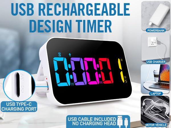 Kitchen Digital RGB Timer, Count Down Up, Rechargeable, Vibration Mode Adjustable Volume and Brightness LED Display, Time Management Cook, Desk, Kids Adults Study Teaching, Kitchen Gadgets - color: Rgb