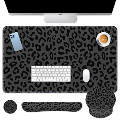 Britimes Grey Leopard Cheetah Keyboard Mouse Pad Set Black Animal 4in1 Large Mousepad+Keyboard Wrist Rest+Mouse Wrist Rest+Coaster Ergonomic Design for Home Office Computer 35.4x15.7 inches - color: Black Grey Leopard