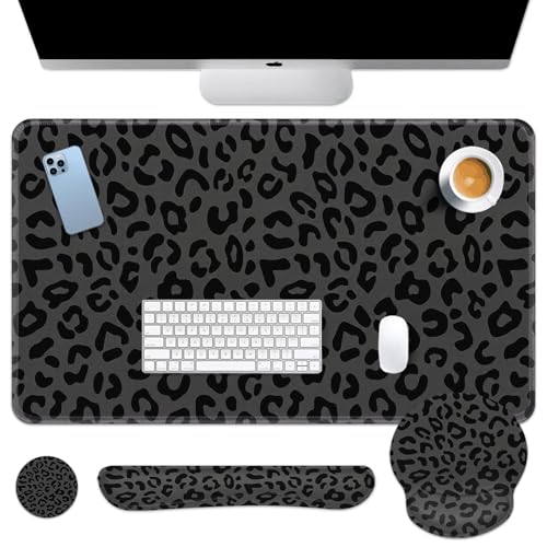 Britimes Grey Leopard Cheetah Keyboard Mouse Pad Set Black Animal 4in1 Large Mousepad+Keyboard Wrist Rest+Mouse Wrist Rest+Coaster Ergonomic Design for Home Office Computer 35.4x15.7 inches - color: Black Grey Leopard