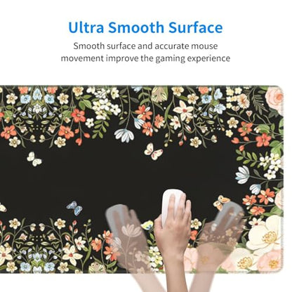 Large Gaming Mouse Pad Desk Mat, Black Girly Floral Extended Keyboard Mouse Pad Mousepad with Non-Slip Base and Stitched Edge Mouse Mat Desk Pad Mouse Pads for Desk Home Office, 31.5 x 11.8 - color: Girly Floral Black
