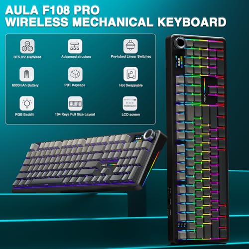 AULA F108 PRO - Wireless Mechanical Keyboard with Screen & Knob,Full Size Keyboard with 8000mAh Battery,Pre-lubed Switches,Side Printed PBT Keycaps,RGB Backlit Hot Swappable Custom Gaming Keyboards - color: Gradient Black