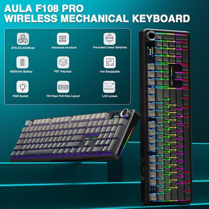 AULA F108 PRO - Wireless Mechanical Keyboard with Screen & Knob,Full Size Keyboard with 8000mAh Battery,Pre-lubed Switches,Side Printed PBT Keycaps,RGB Backlit Hot Swappable Custom Gaming Keyboards - color: Gradient Black