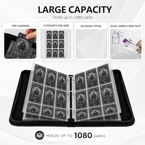 9 Pocket Zip Card Binder, Trading Card Album Holds 1080 Cards, Black | Logo-free design,top-loading pages,removable double-sided pockets,waterproof cover,soft lnner lining. - color: Black, size: 9 Pocket 1080