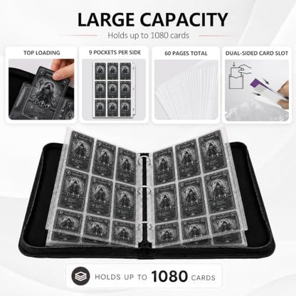 9 Pocket Zip Card Binder, Trading Card Album Holds 1080 Cards, Black | Logo-free design,top-loading pages,removable double-sided pockets,waterproof cover,soft lnner lining. - color: Black, size: 9 Pocket 1080