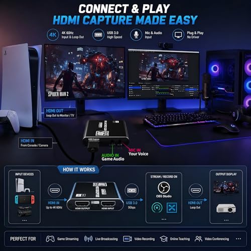Guermok USB 3.0 HDMI Capture Card, 1080P 60FPS & 2K30 Video Capture Device | 4K HDMI Pass-Through, Mic Input & Audio Output, USB Video Game Capture for OBS Streaming, PS5, Switch 2/1, Xbox1, Camera, PC