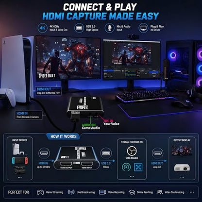 Guermok USB 3.0 HDMI Capture Card, 1080P 60FPS & 2K30 Video Capture Device | 4K HDMI Pass-Through, Mic Input & Audio Output, USB Video Game Capture for OBS Streaming, PS5, Switch 2/1, Xbox1, Camera, PC