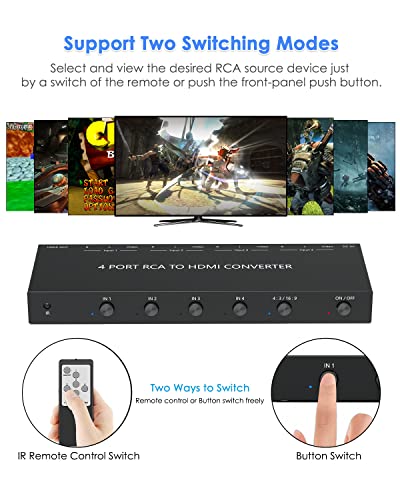 OseTub 4 Port RCA to HDMI Converter with UPGRADE TECHNOLOGY - size: 4 Port RCA to HDMI Converter