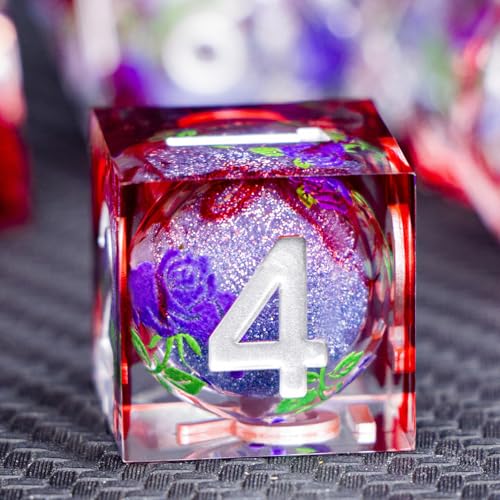 ARUOHHA Liquid Core DND Dice Set, Vampire Sharp Edged Dragons Dice Compatible with D&D RPG Role Playing Games, Resin Blood Red Polyhedral Dungeons D and D Dice with Gift Box D20 D12 D10 D8 D6 D4 - color: Rose - Silver Purple