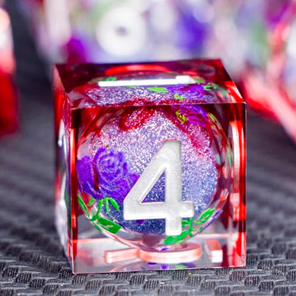 ARUOHHA Liquid Core DND Dice Set, Vampire Sharp Edged Dragons Dice Compatible with D&D RPG Role Playing Games, Resin Blood Red Polyhedral Dungeons D and D Dice with Gift Box D20 D12 D10 D8 D6 D4 - color: Rose - Silver Purple