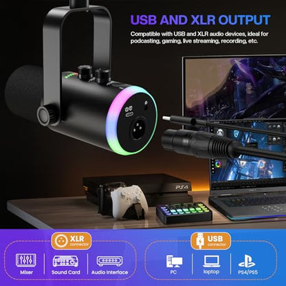 XLR USB Dynamic Microphone for Vocal Recording, Gaming, with Headphone Jack, Volume Control, Mute Button. Cardioid Microphone for Sound Cards, Mixers, PC, MAC (Microphone with Desk Stand) - size: Microphone with Desk Stand