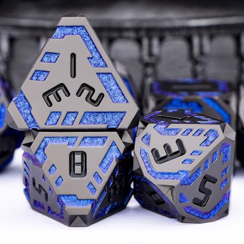 Metal DND Sci-fi Dice Set 7PCS Stripe Polyhedral Dice for Dungeons Dragons RPG Role Playing Game, Glitter D and D Dice with Gift Box D6 D8 D10 D12 D20 (Black&Blue Purple) - color: Black - Blue Purple