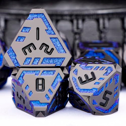Metal DND Sci-fi Dice Set 7PCS Stripe Polyhedral Dice for Dungeons Dragons RPG Role Playing Game, Glitter D and D Dice with Gift Box D6 D8 D10 D12 D20 (Black&Blue Purple) - color: Black - Blue Purple